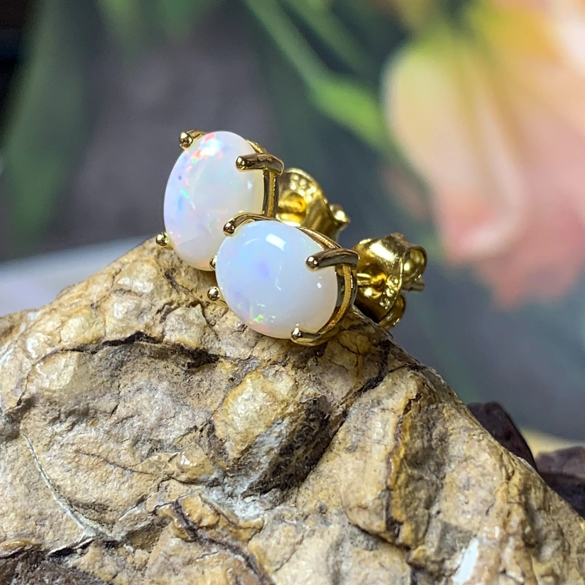 Gold Plated Silver 8x6mm White Opal Earring studs