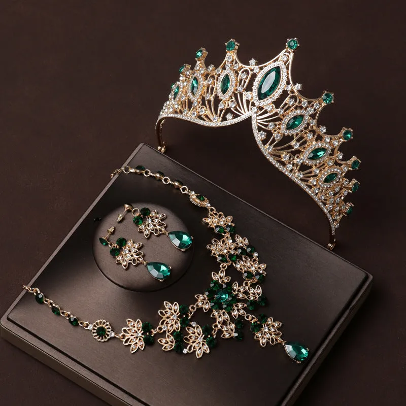 Green diamond crown wedding bride tiara dress necklace three-piece set wedding accessories