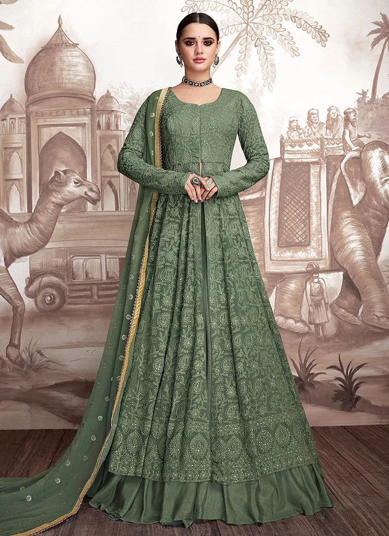 Green Golden Embroidered Anarkali Lehenga Suit