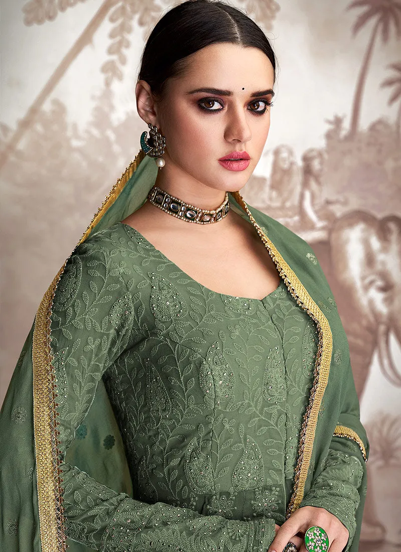 Green Golden Embroidered Anarkali Lehenga Suit