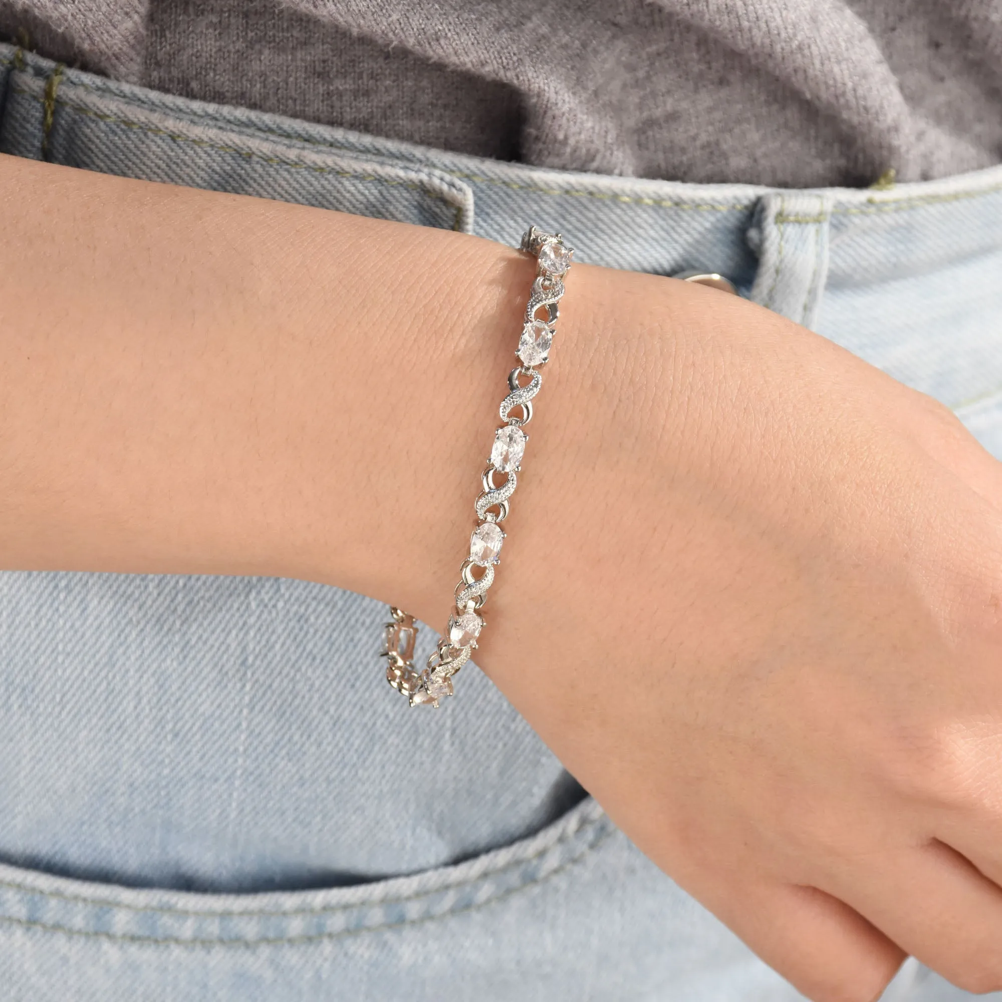 Green Red Oval CZ Tennis Bracelet in Silver Plated Finish