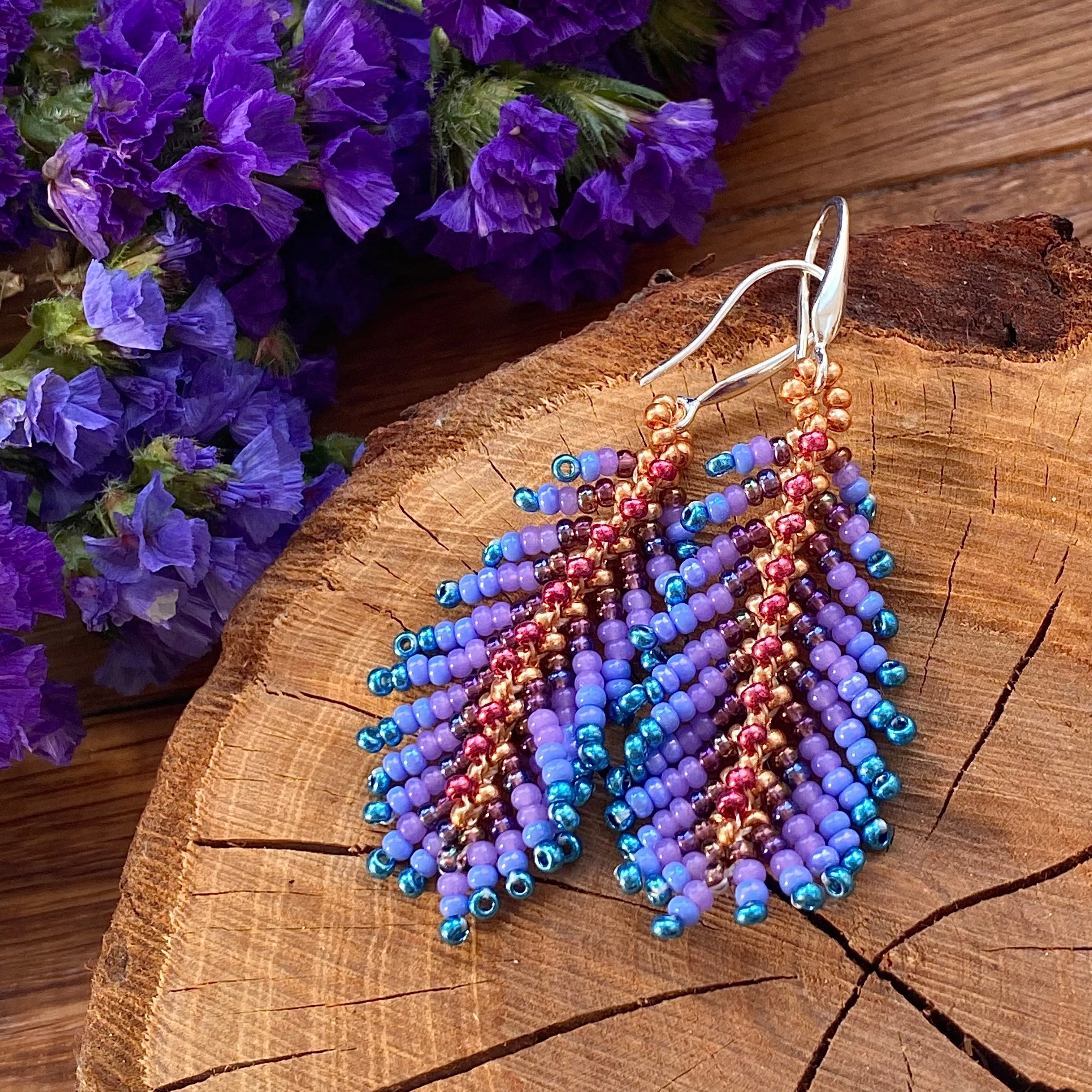 Handmade Dainty Boho Purple Red Blue Gold Seed Beaded Feather Earrings for Women
