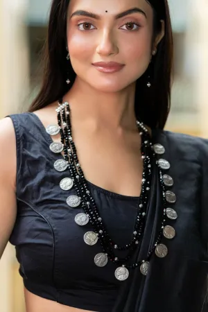 Handmade Triple Layer Black Crystal German Silver Coin Necklace with Earrings Jewelry Set