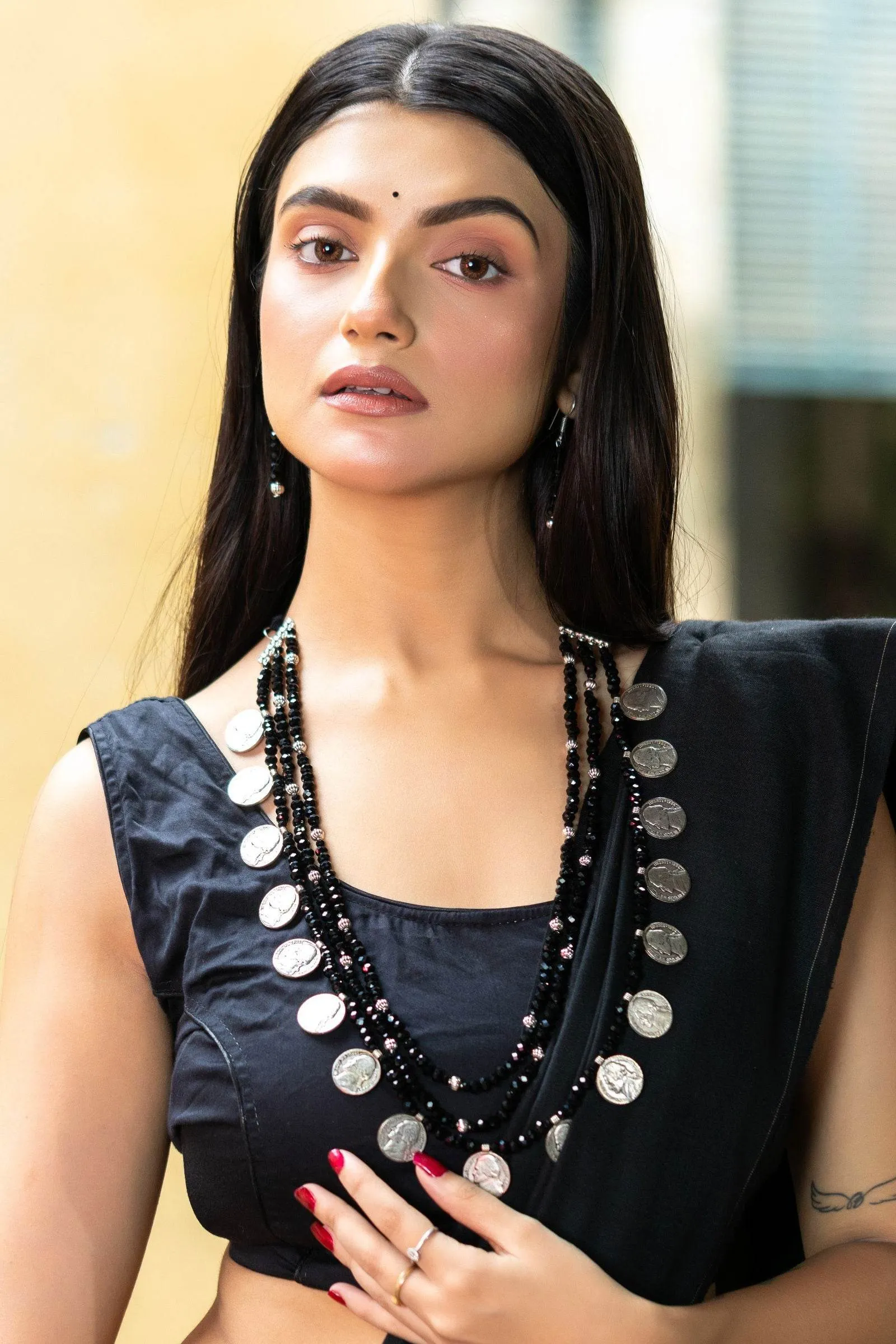 Handmade Triple Layer Black Crystal German Silver Coin Necklace with Earrings Jewelry Set