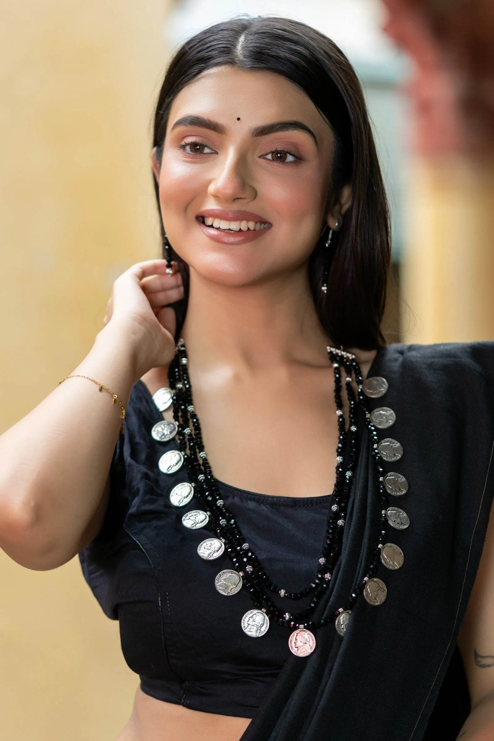 Handmade Triple Layer Black Crystal German Silver Coin Necklace with Earrings Jewelry Set