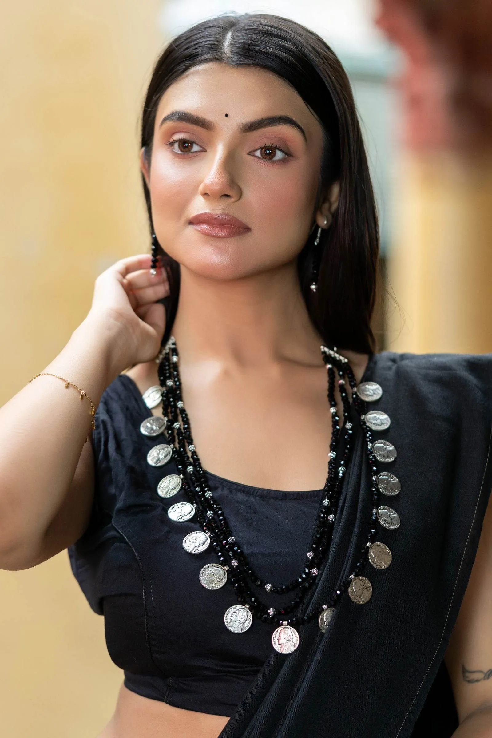 Handmade Triple Layer Black Crystal German Silver Coin Necklace with Earrings Jewelry Set
