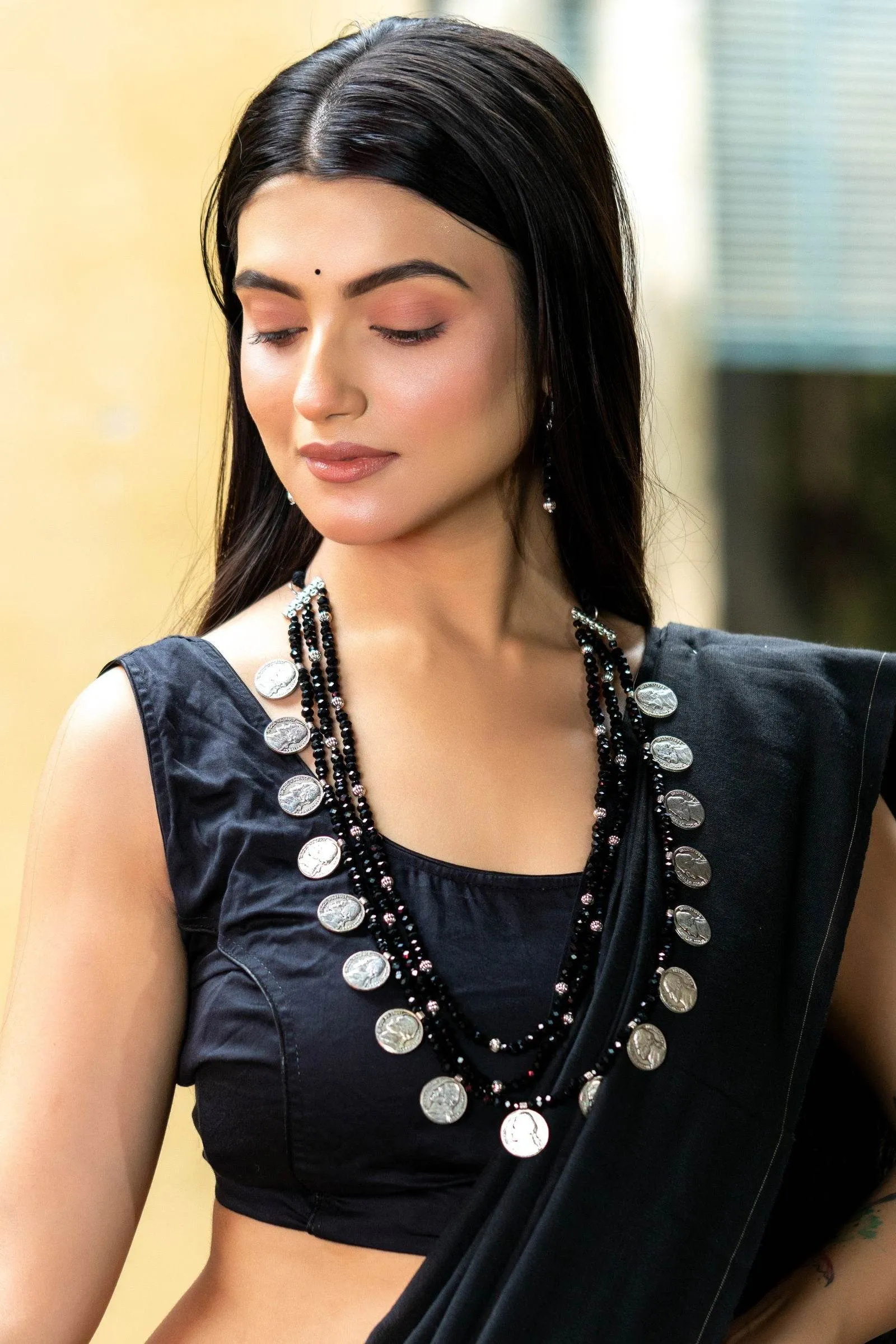 Handmade Triple Layer Black Crystal German Silver Coin Necklace with Earrings Jewelry Set