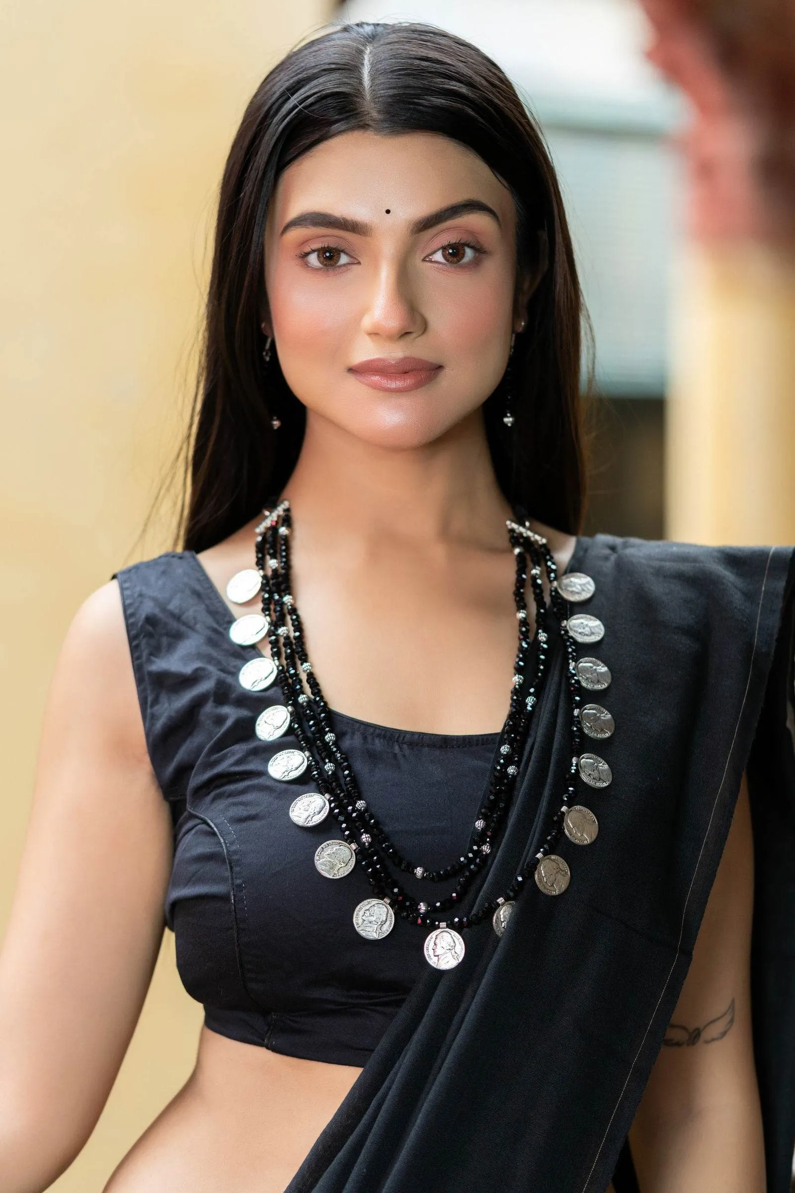 Handmade Triple Layer Black Crystal German Silver Coin Necklace with Earrings Jewelry Set