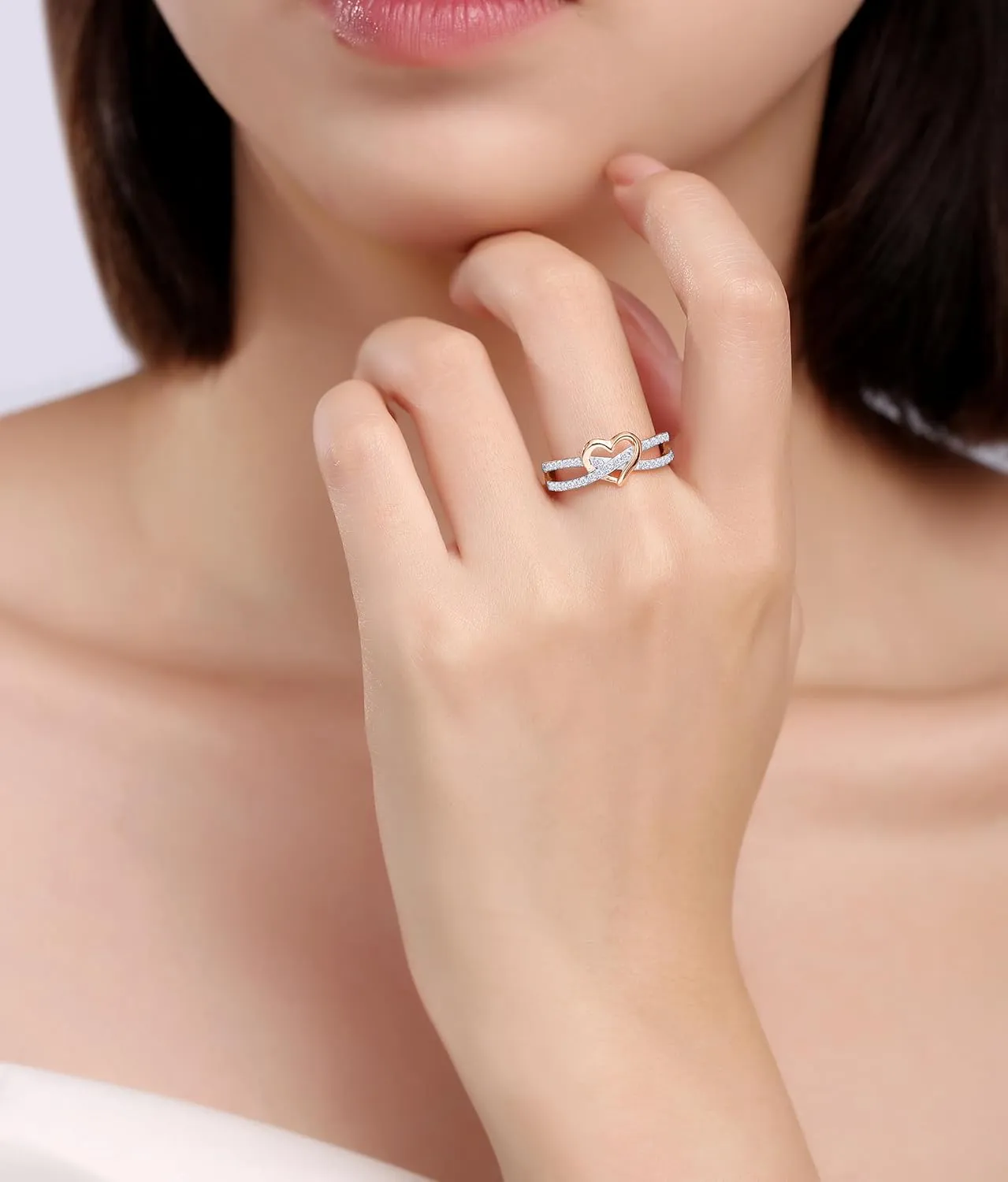 Infinity Heart Promise Ring Natural Diamond, Cubic Zirconia, Moissanite or Lab Grown Diamond Split Shank Engagement Ring for Women in 10K Solid Gold Or 14K Gold Over Sterling Silver Jewelry Gift for Her