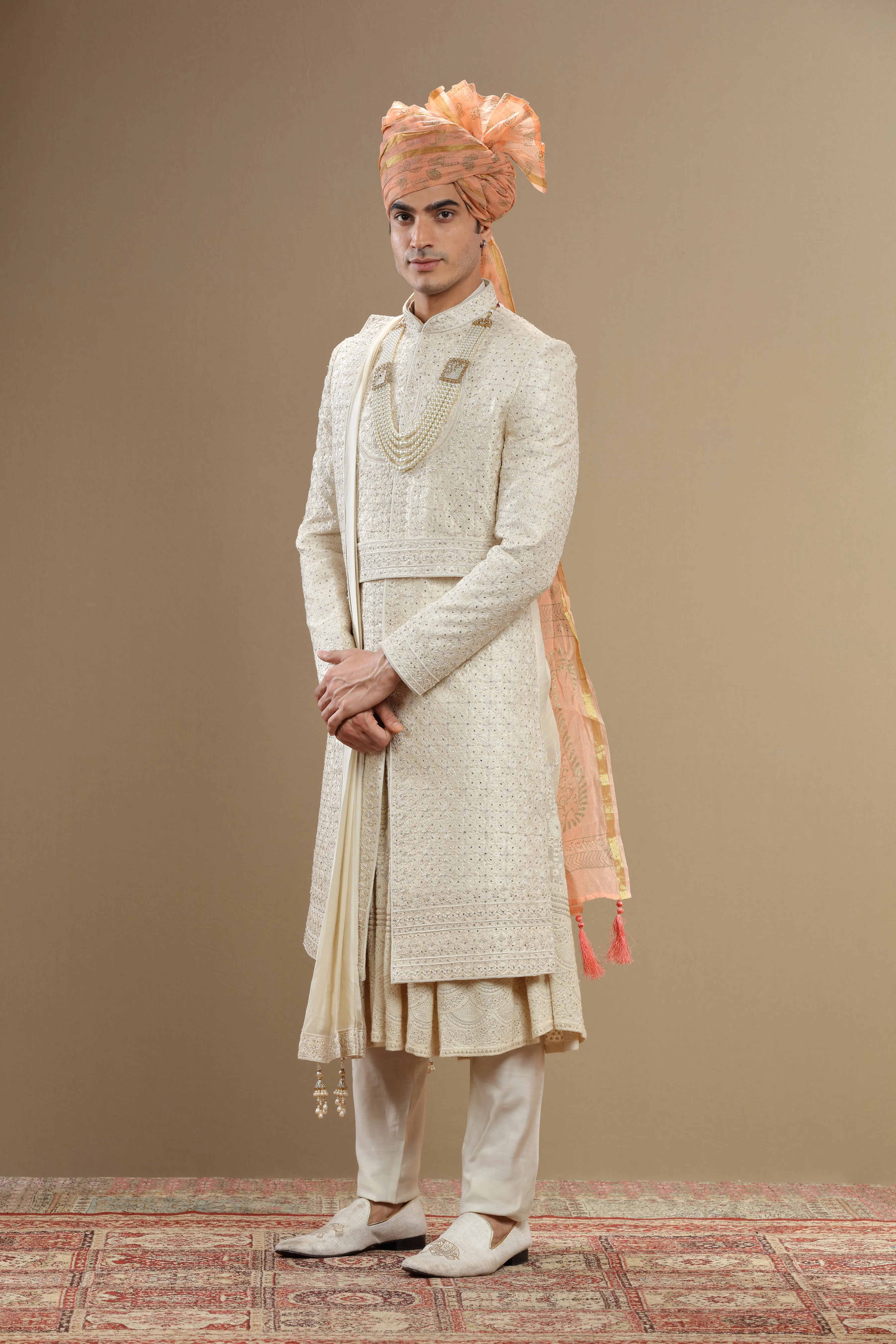 Ivory floral embroidered sherwani set with anarkali and dupatta