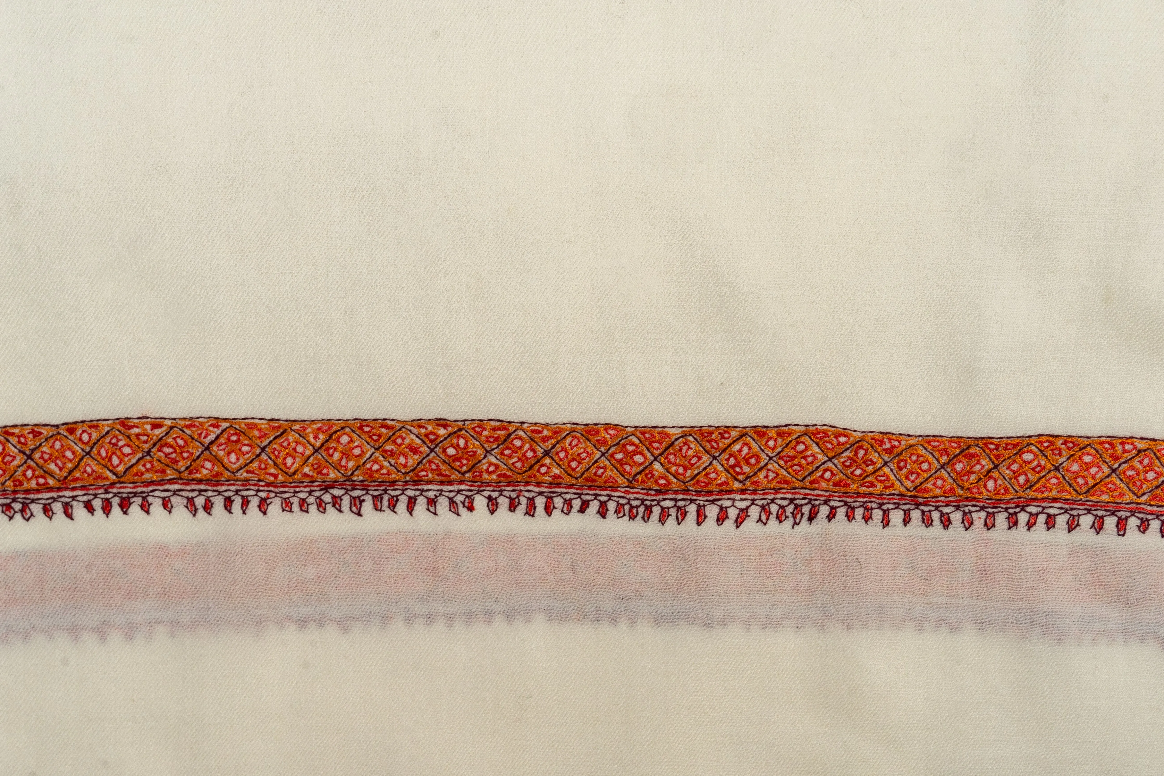 Ivory Grace: Hand-Embroidered Sozni Merino Wool Shawl with Border Design