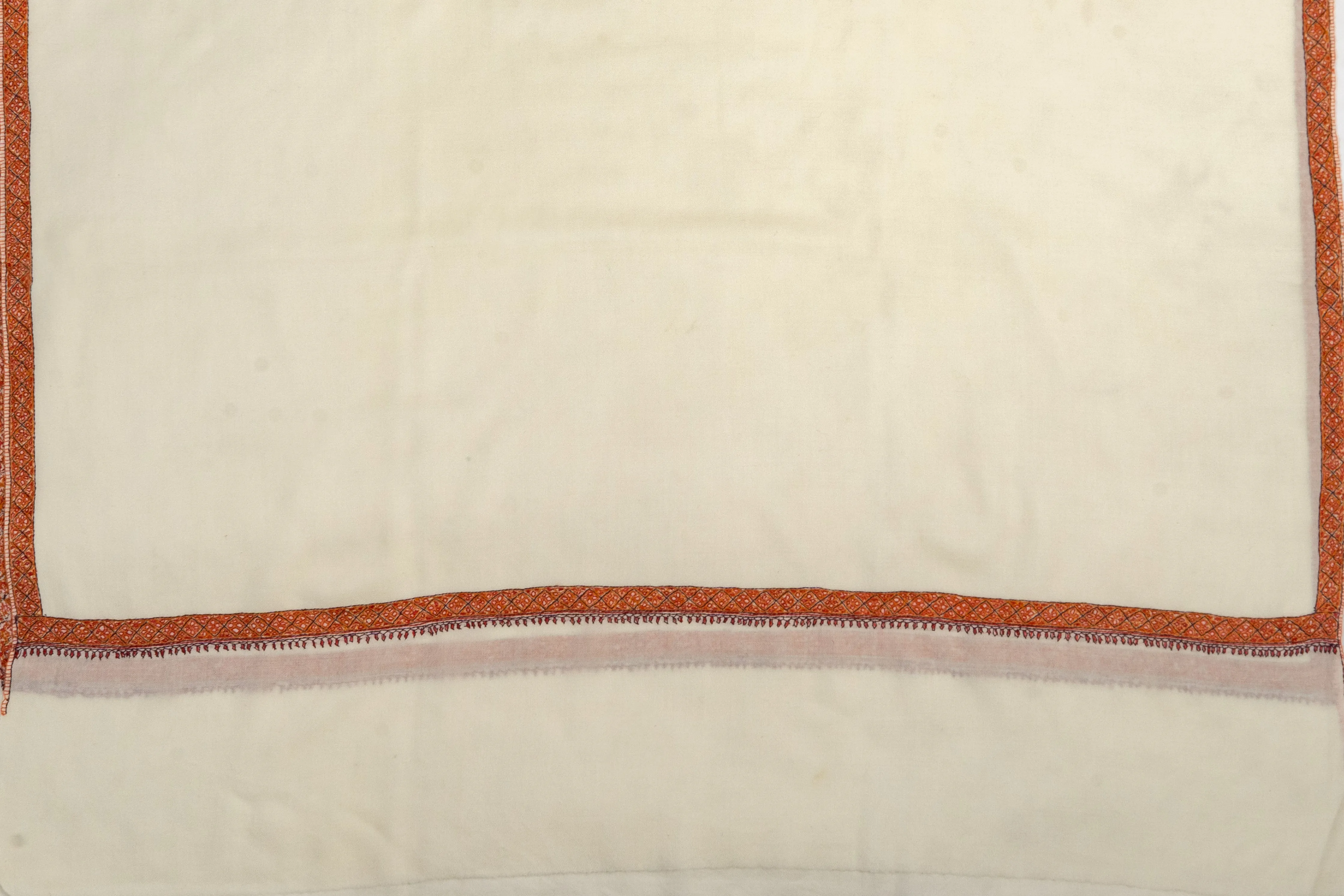 Ivory Grace: Hand-Embroidered Sozni Merino Wool Shawl with Border Design