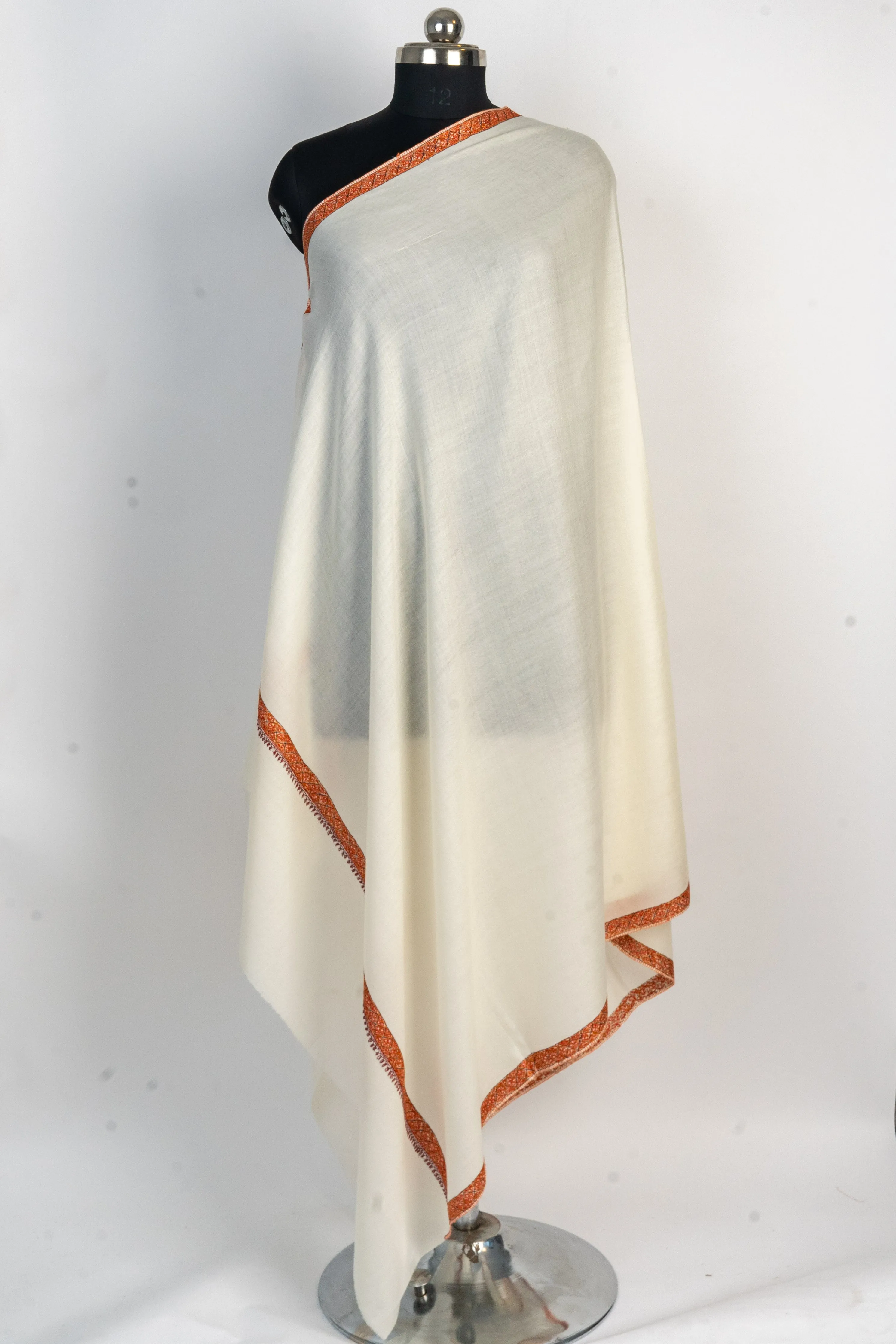 Ivory Grace: Hand-Embroidered Sozni Merino Wool Shawl with Border Design
