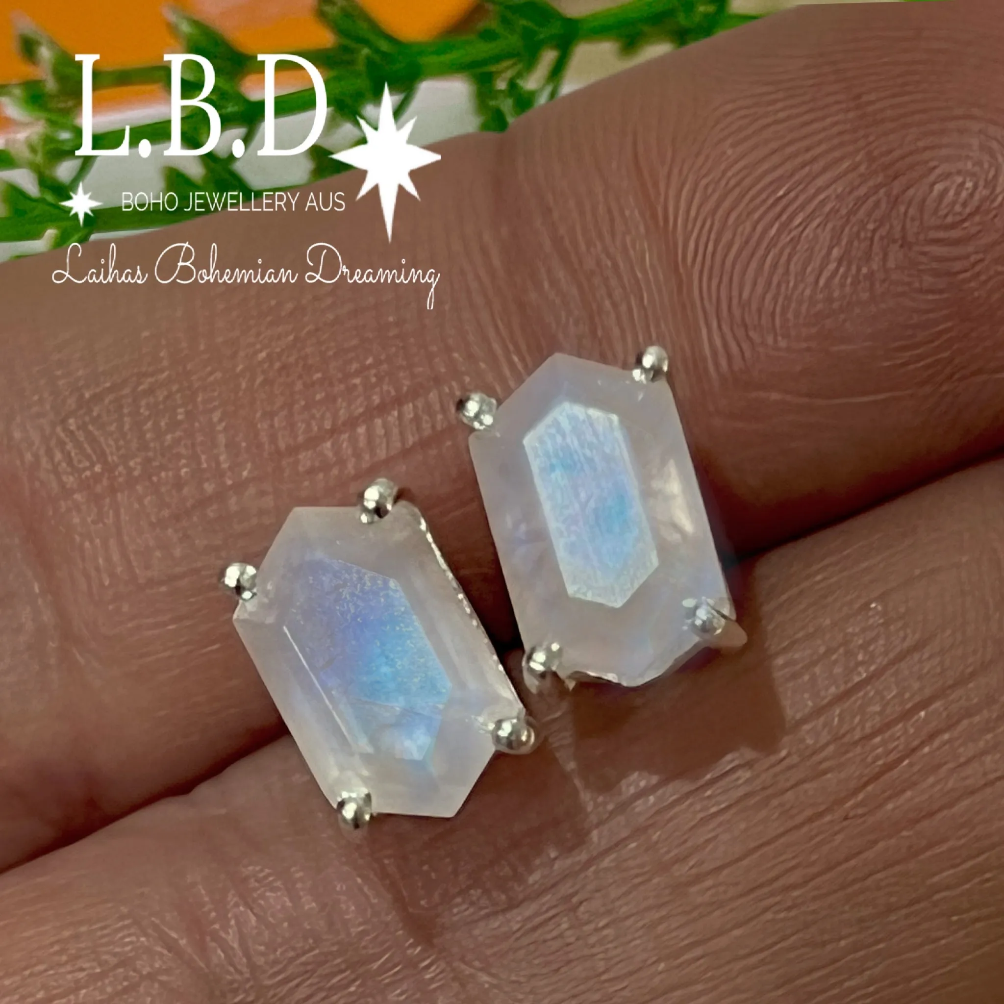 Laihas Hex Crystal Moonstone Stud Earrings