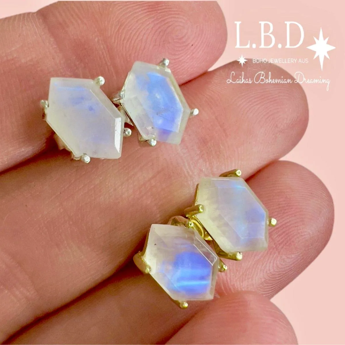 Laihas Hex Crystal Moonstone Stud Earrings