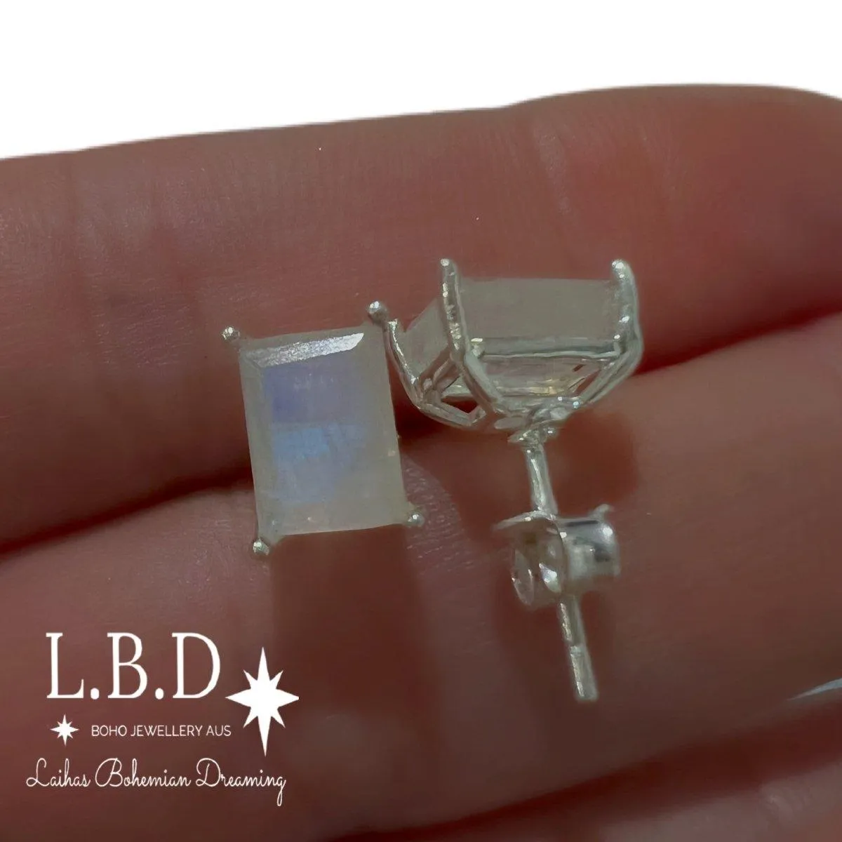 Laihas Miraculous Emerald Cut Moonstone Stud Earrings