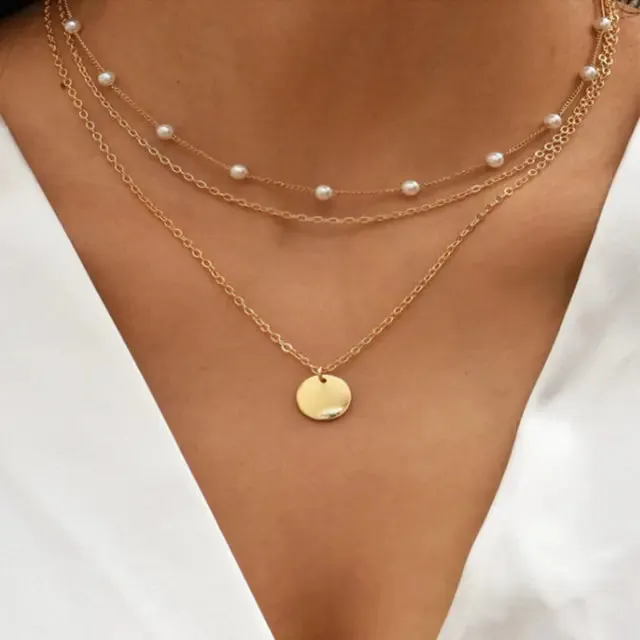 Layered Crystal Pearl Pendant Necklace