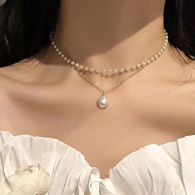 Layered Crystal Pearl Pendant Necklace