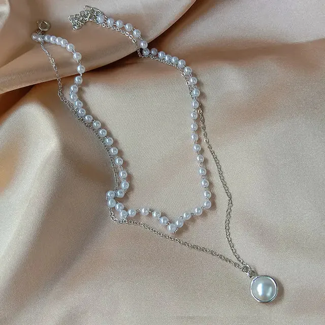 Layered Crystal Pearl Pendant Necklace