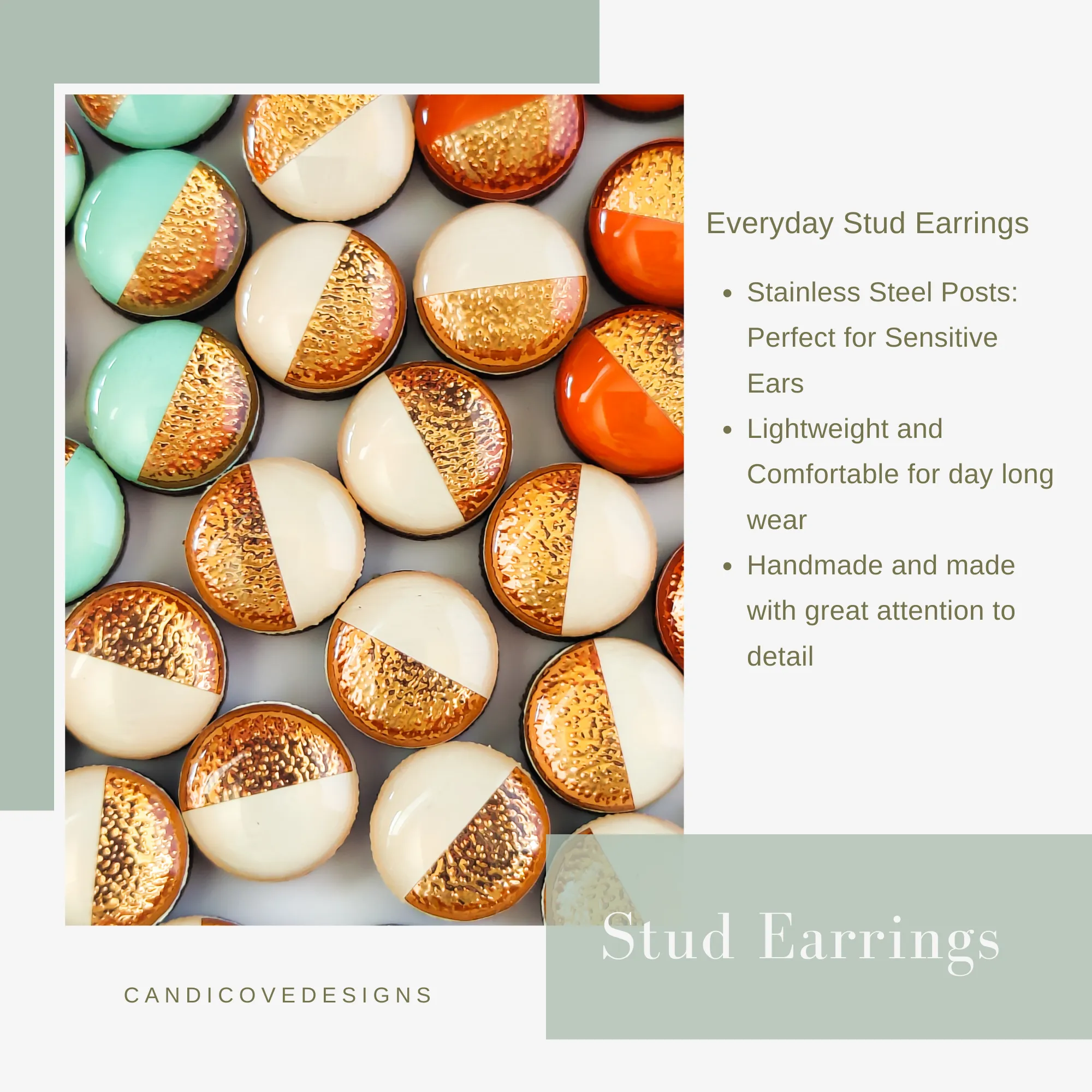 Light Mint and White Polka Dot Stud Earrings by Candi Cove Designs