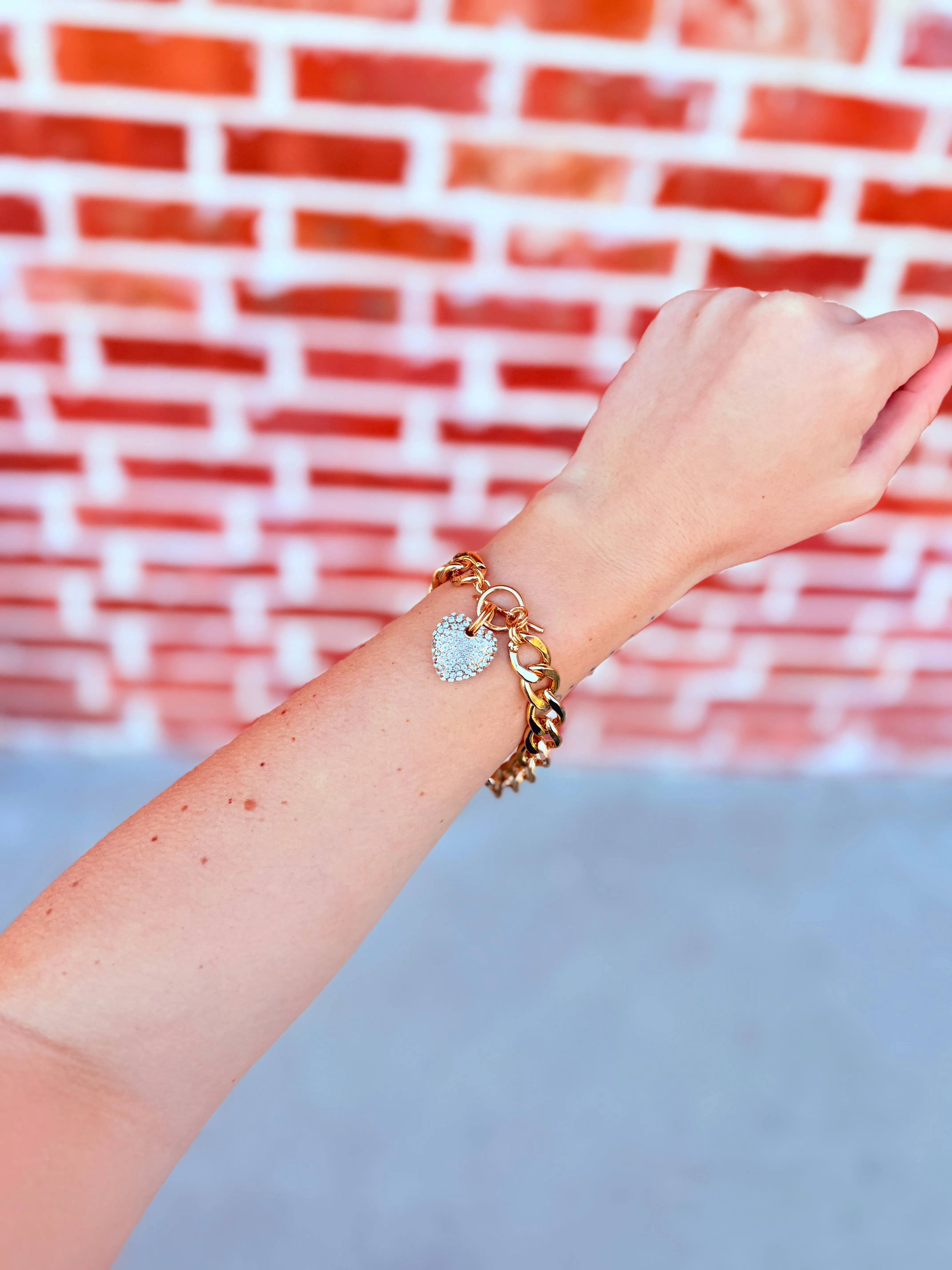 Little Miss Lover Crystal Heart Link Bracelet in Golden Silver
