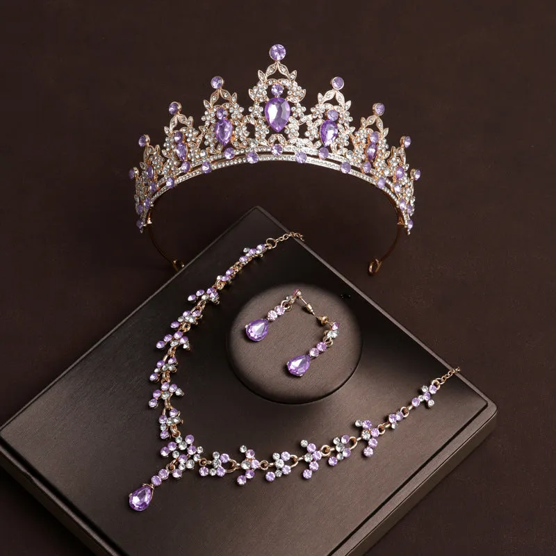 Luxurious Birthday Purple Diamond Crown Bridal Headwear Main Wedding Necklace Three-piece Set
