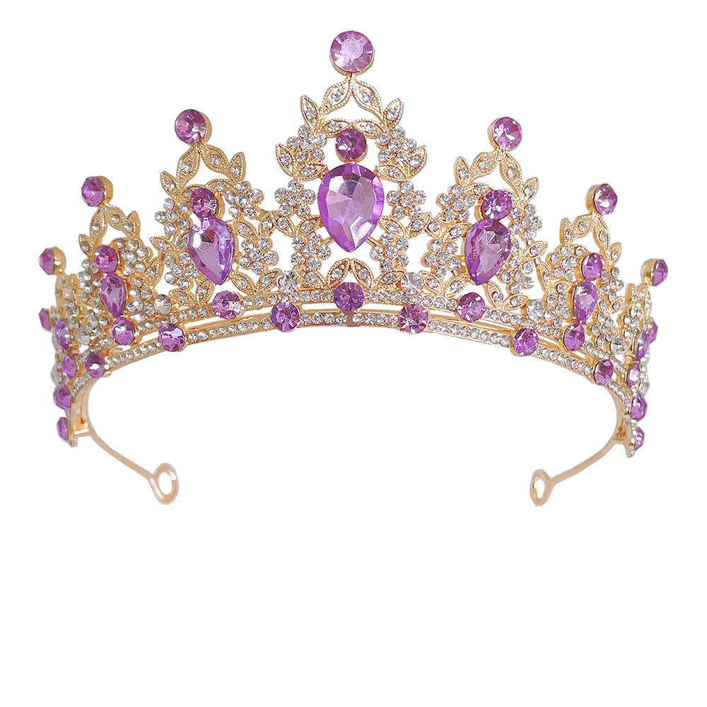 Luxurious Birthday Purple Diamond Crown Bridal Headwear Main Wedding Necklace Three-piece Set