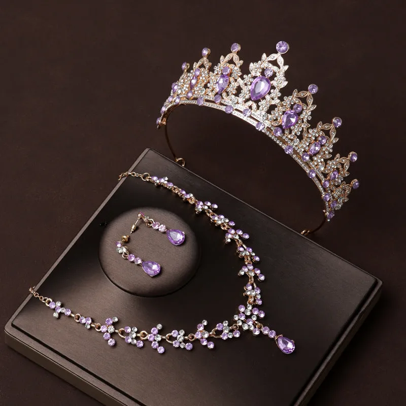 Luxurious Birthday Purple Diamond Crown Bridal Headwear Main Wedding Necklace Three-piece Set