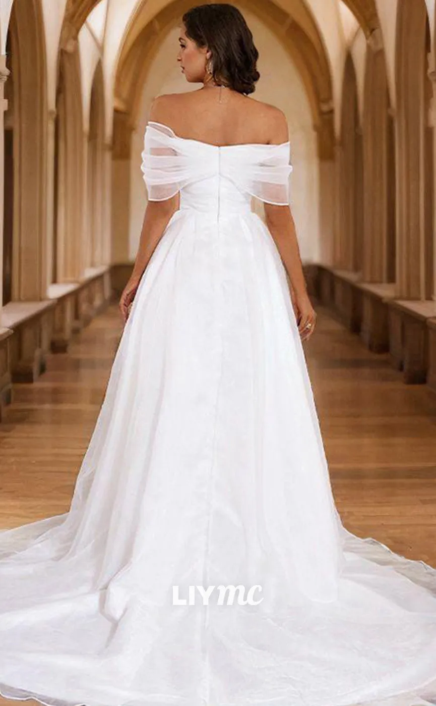 LW639 - A-Line Princess Tulle Ruched Off-the-Shoulder Sleeveless Sweep Train Wedding Dresses