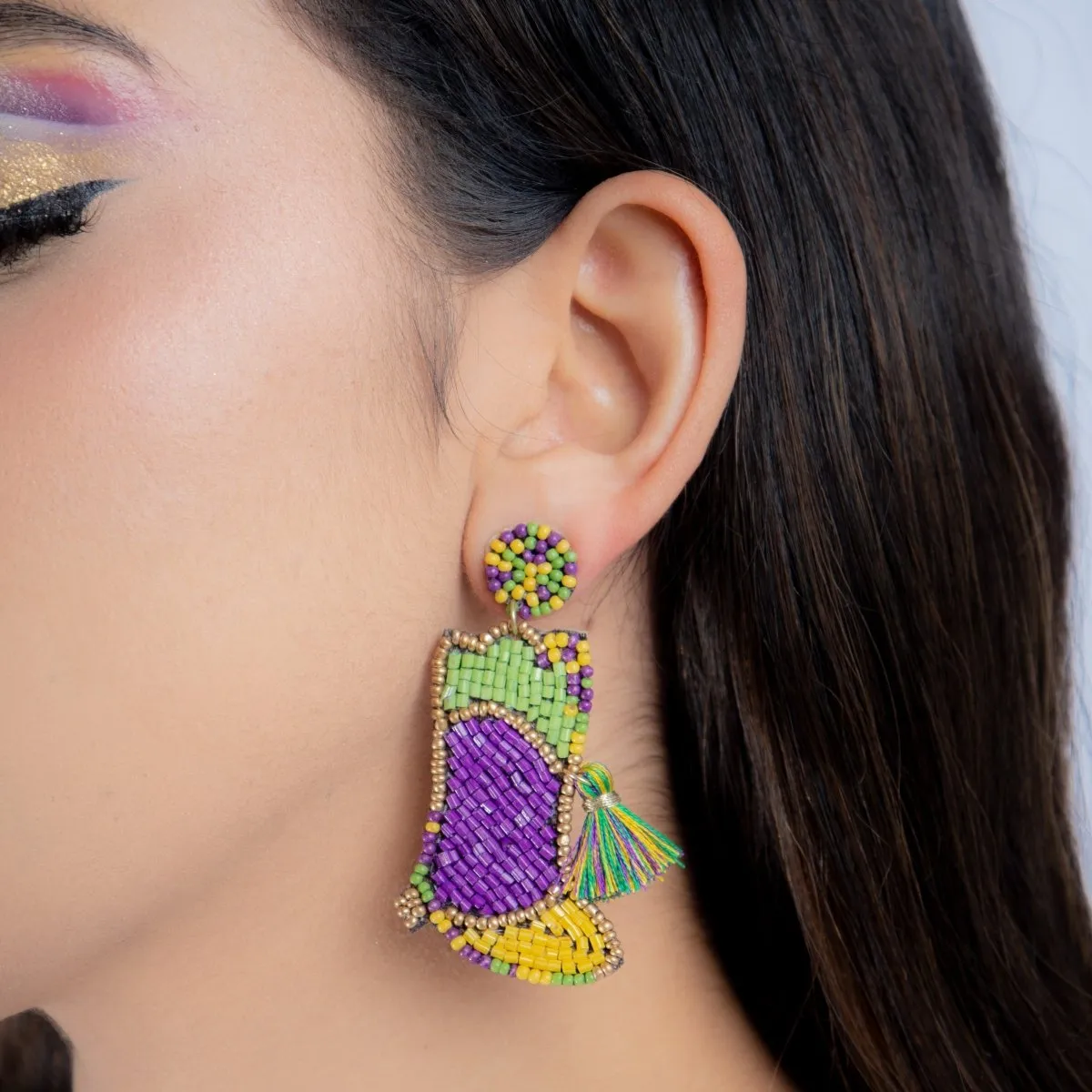 Mardi Gras Beaded Boot Earrings with Tassel Accent
