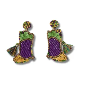 Mardi Gras Beaded Boot Earrings with Tassel Accent