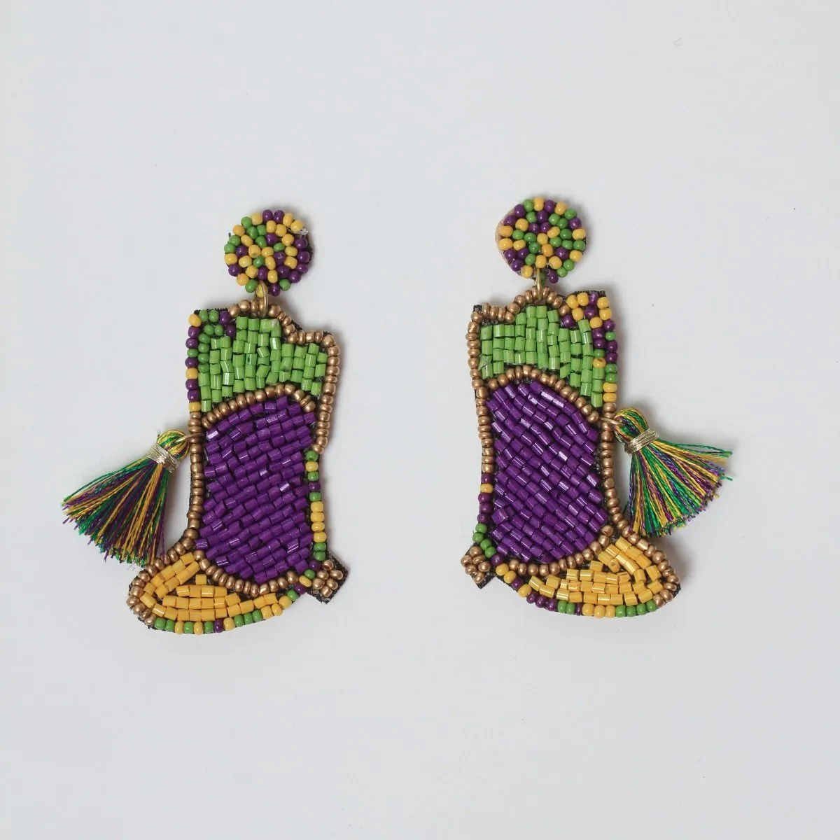 Mardi Gras Beaded Boot Earrings with Tassel Accent