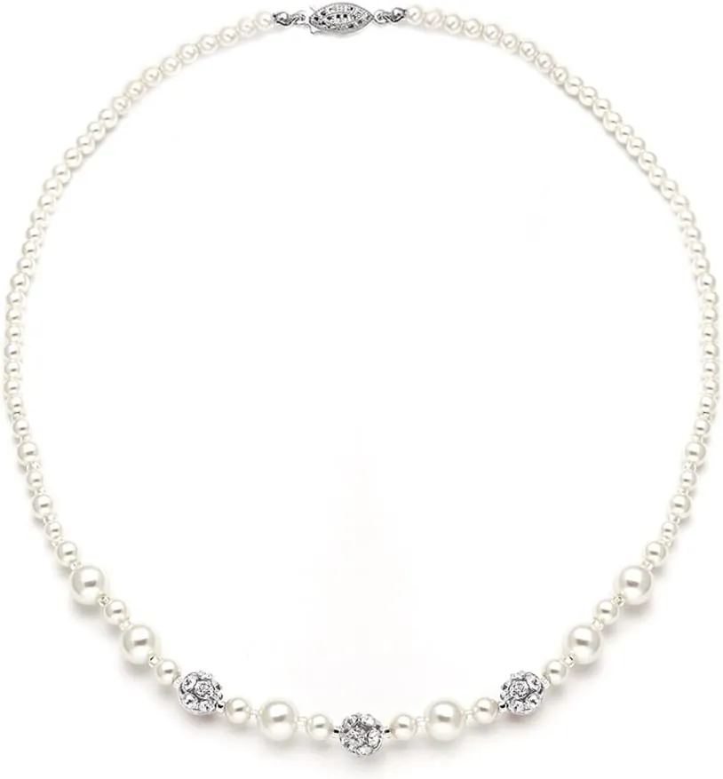 Mariell Pearl Necklace for Brides with Rhinestone Crystal Fireball Accents, 16", Bridal & Wedding Jewelry