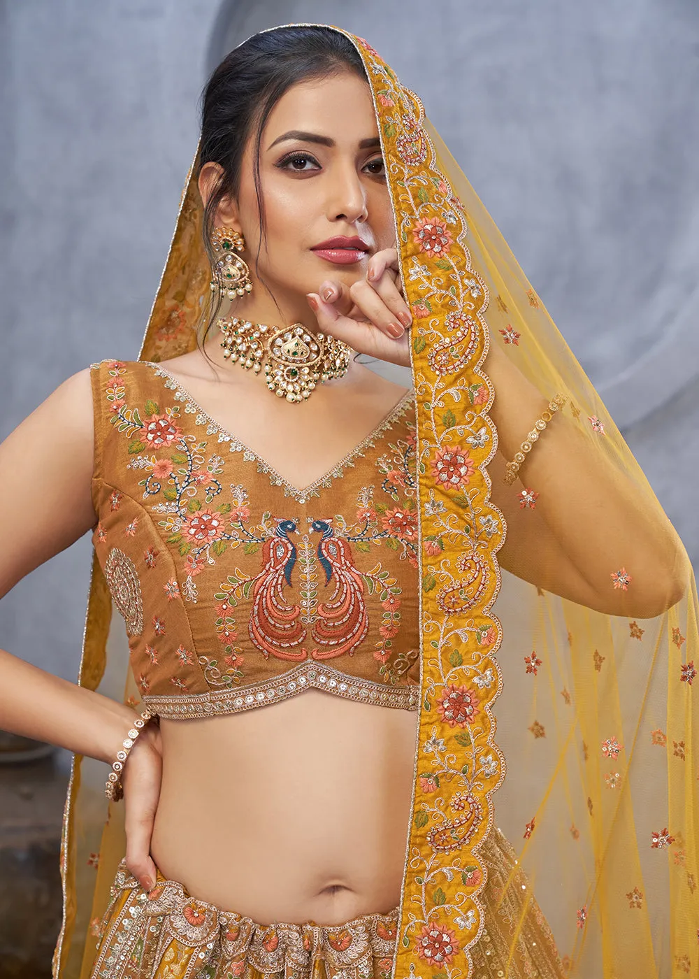 Marvelous Mustard Hand Embroidered Bridal Lehenga Choli