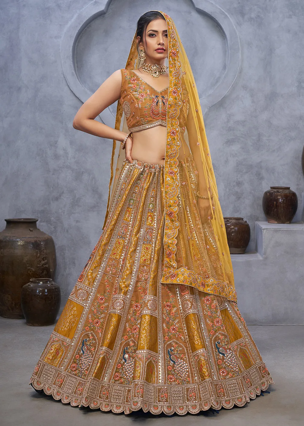 Marvelous Mustard Hand Embroidered Bridal Lehenga Choli