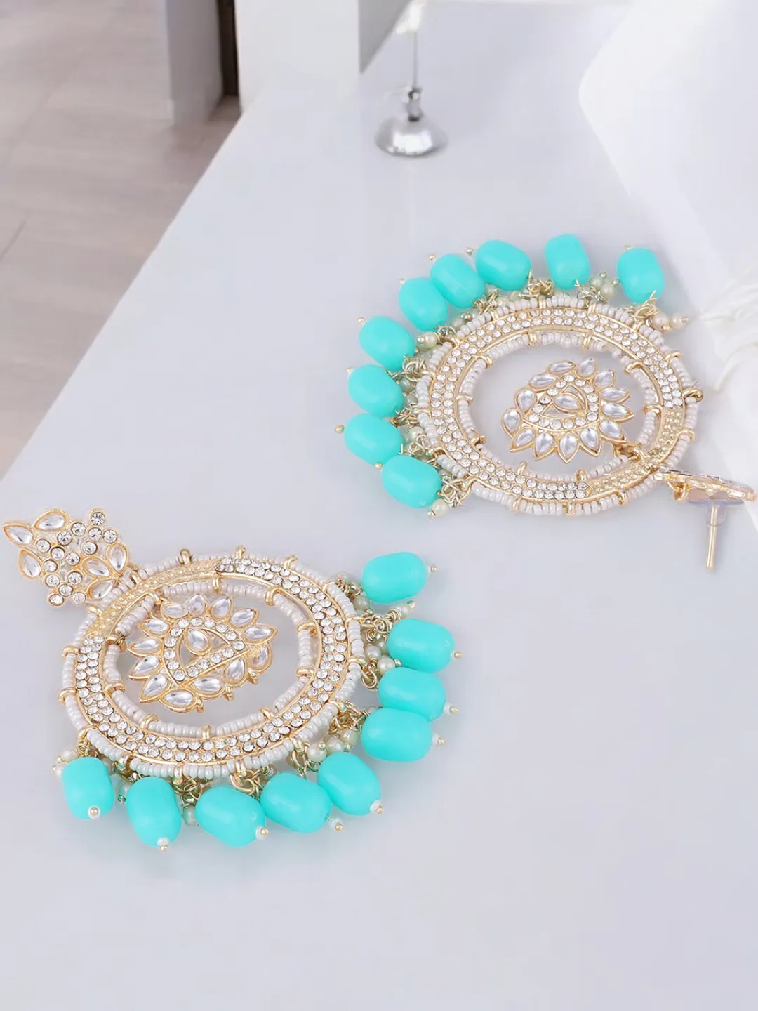 Meenakari Indian Gold Plated Jhumkas, Kundan Pearl beaded Earring Set