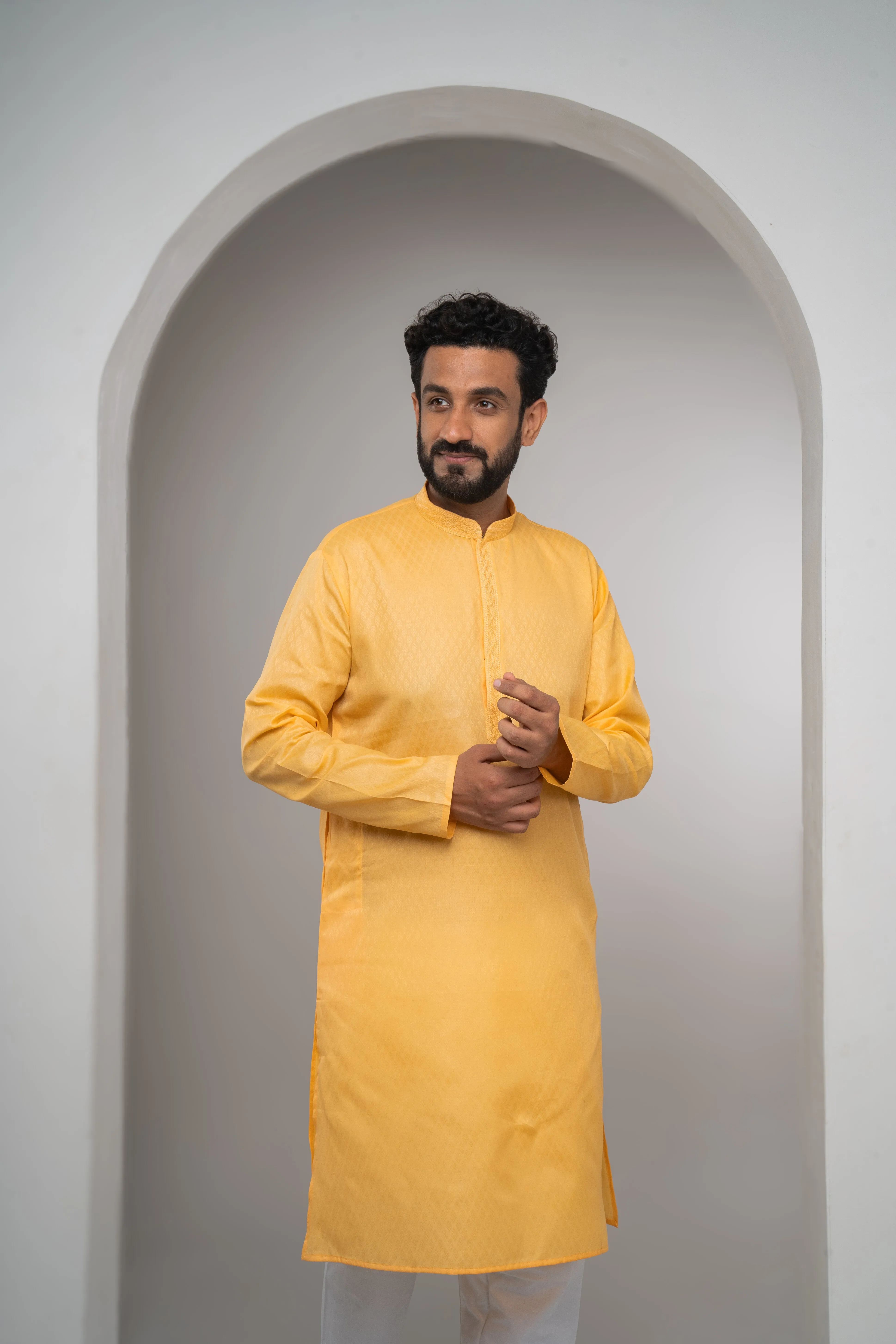 Men's Yellow Self-Print Kurta Pajama Set with Subtle Elegance