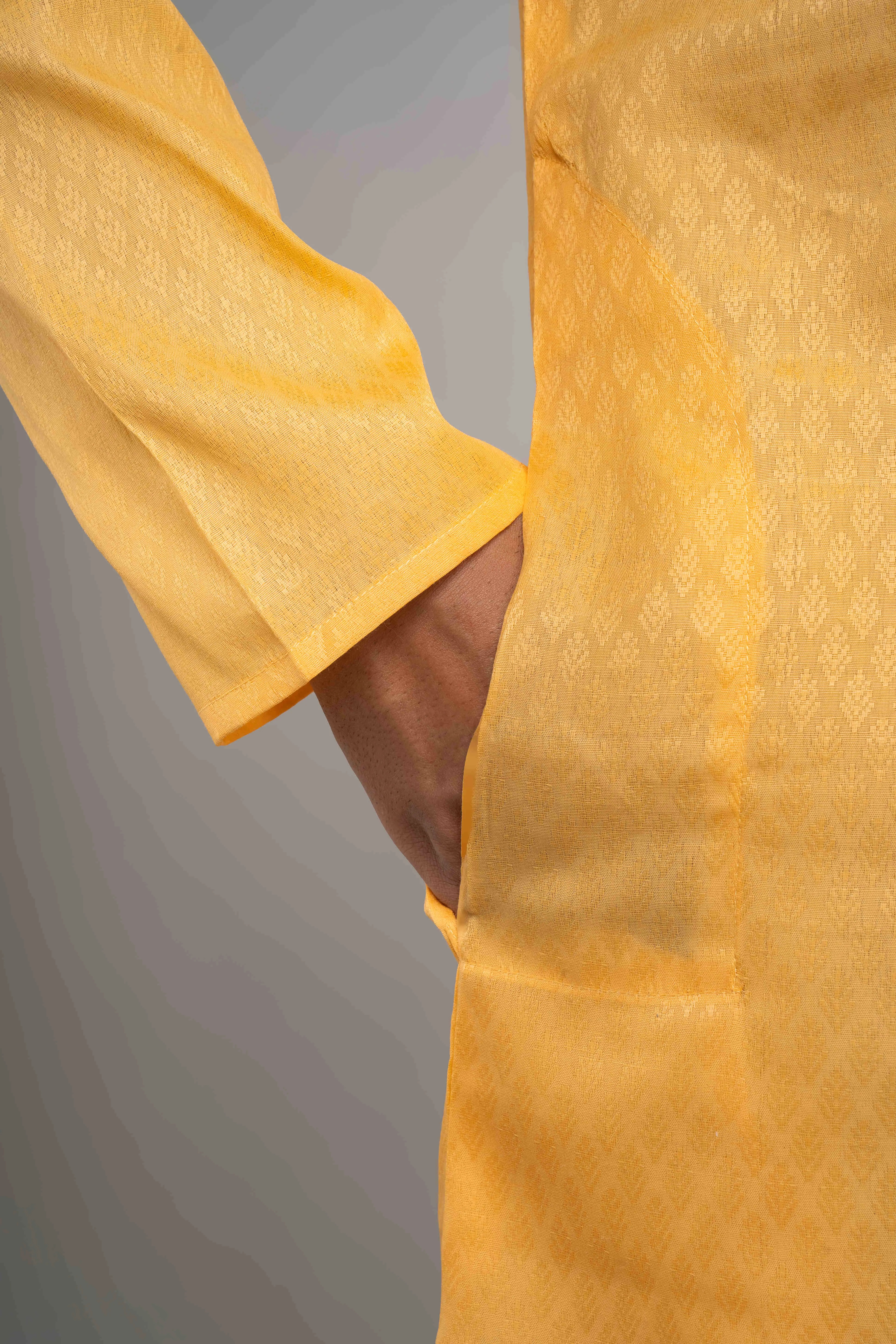 Men's Yellow Self-Print Kurta Pajama Set with Subtle Elegance