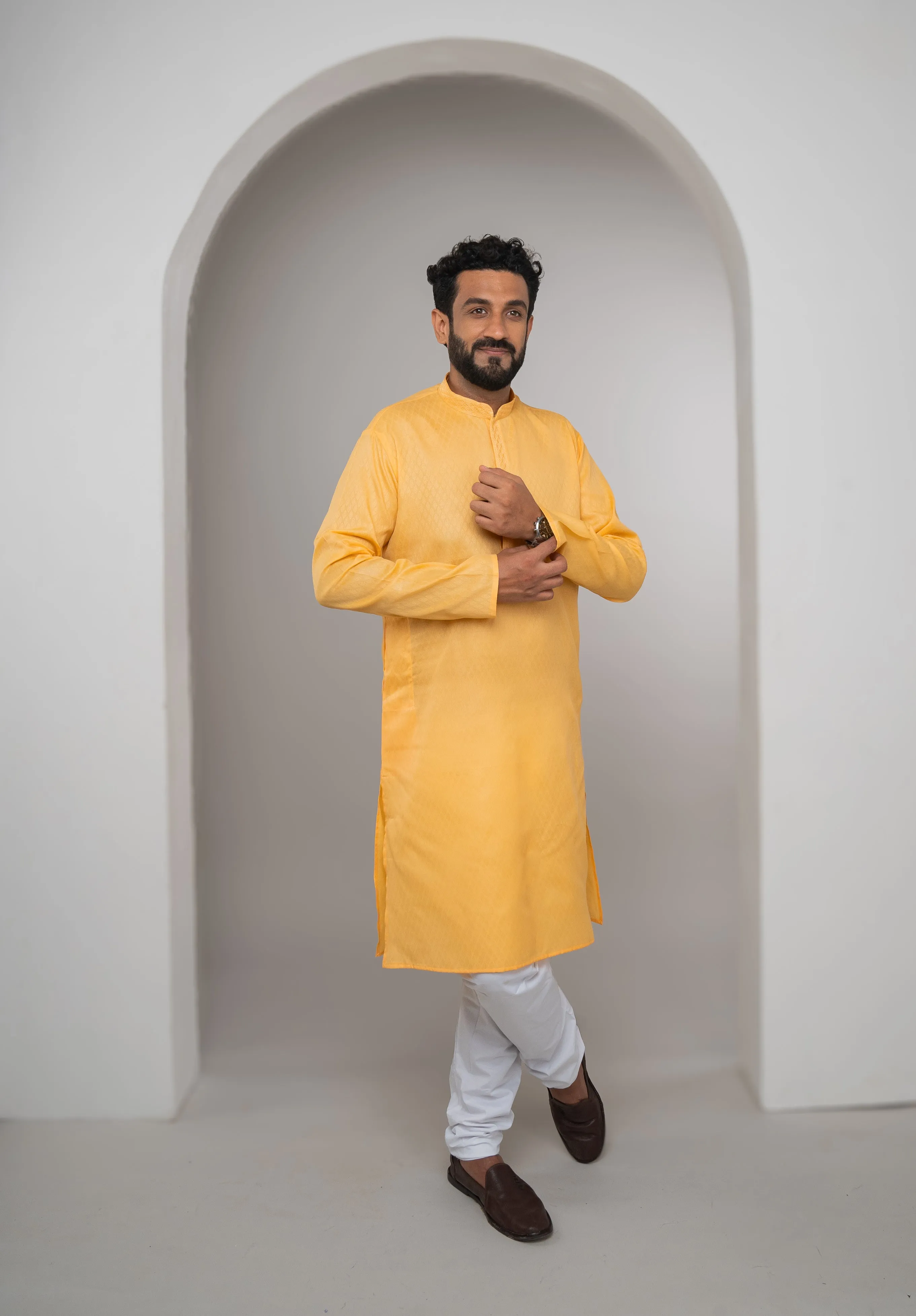 Men's Yellow Self-Print Kurta Pajama Set with Subtle Elegance