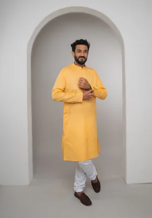 Men's Yellow Self-Print Kurta Pajama Set with Subtle Elegance