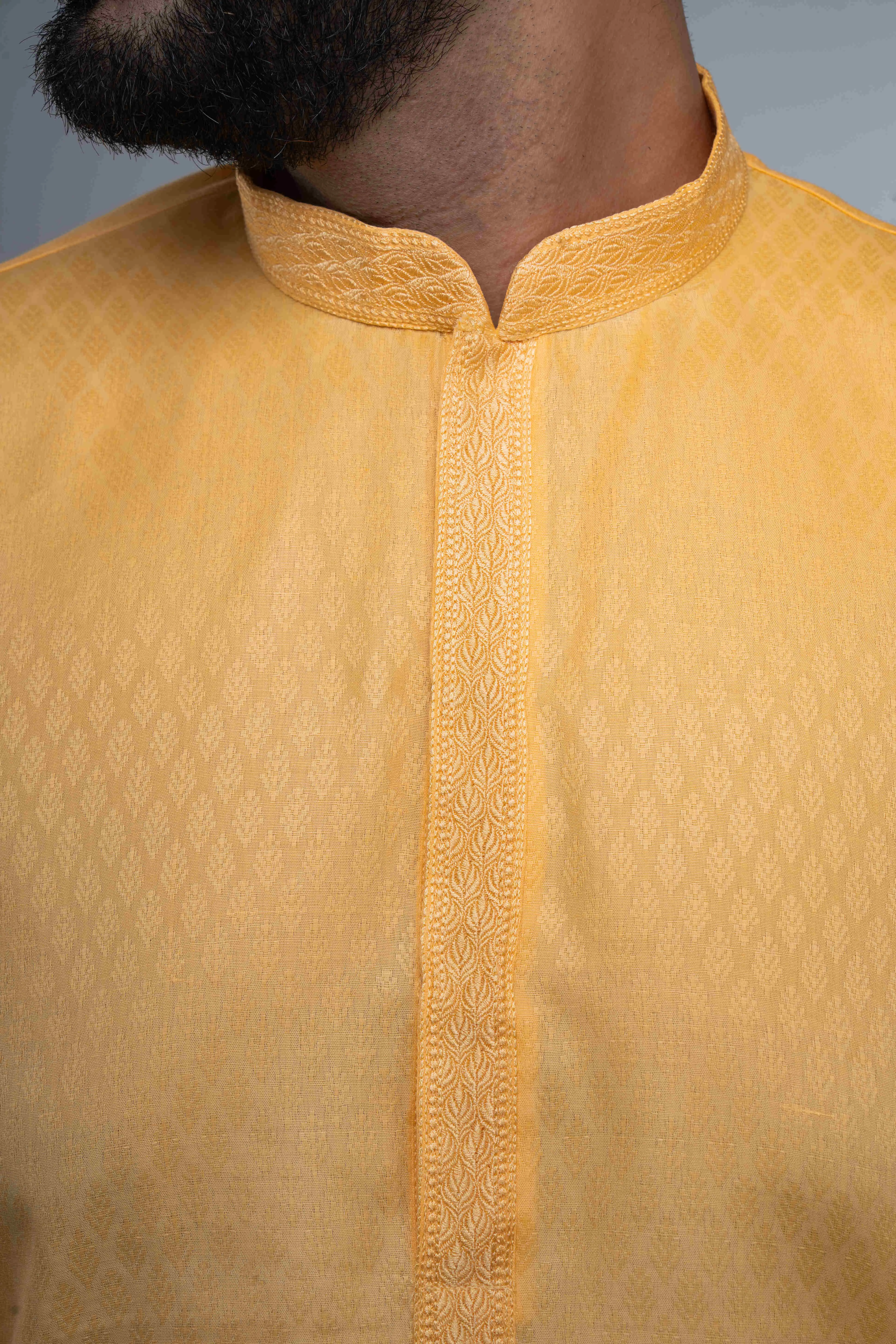Men's Yellow Self-Print Kurta Pajama Set with Subtle Elegance
