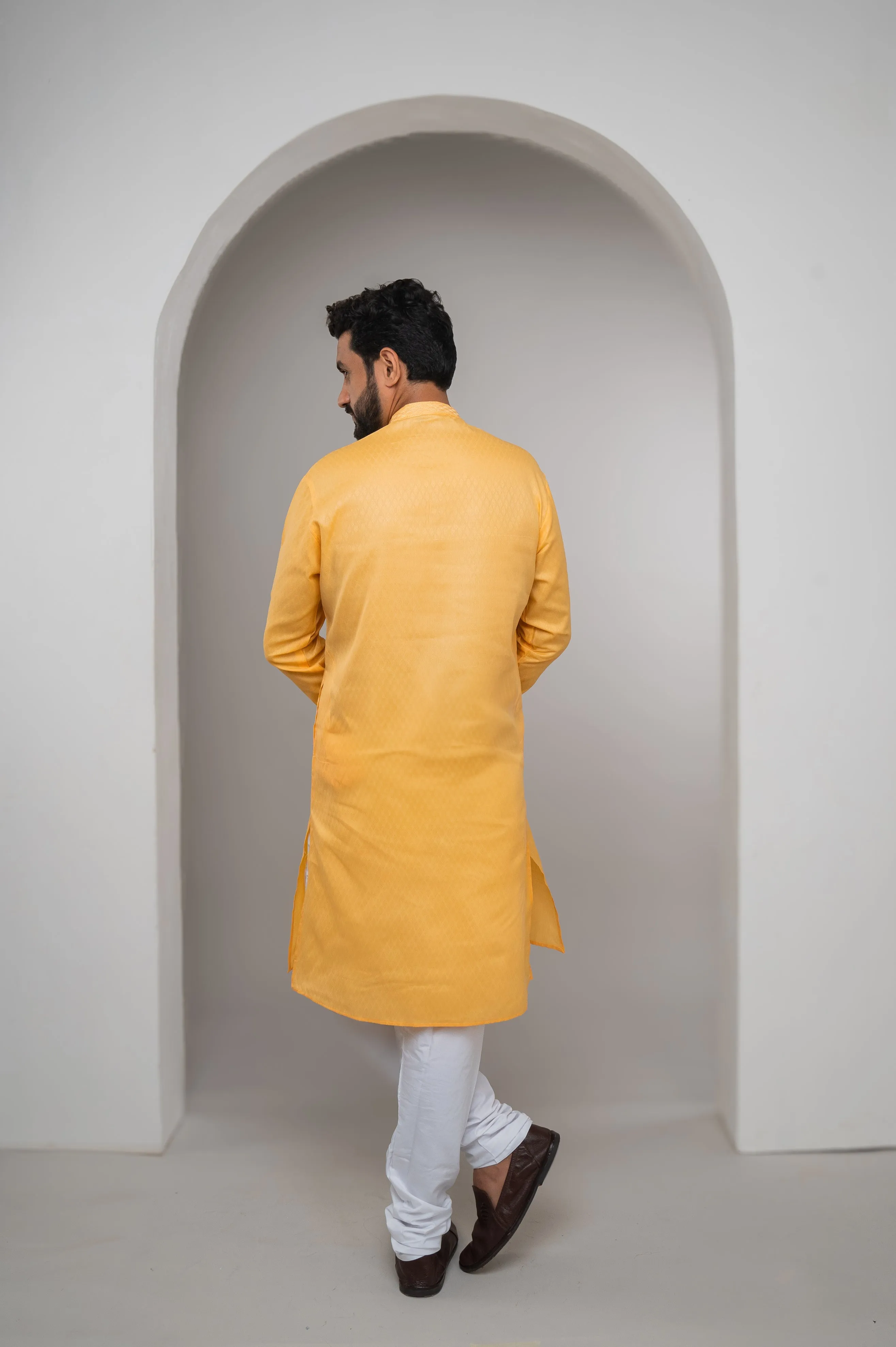 Men's Yellow Self-Print Kurta Pajama Set with Subtle Elegance