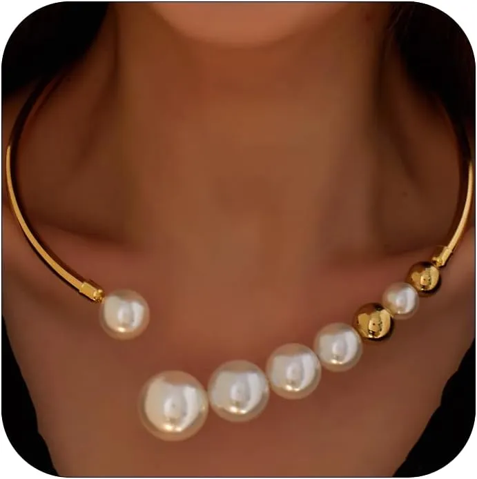 Metal Big Pearl Open Choker Necklace for Women - Adjustable Gold Round Open Cuff Chunky Pearl Necklace