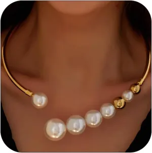 Metal Big Pearl Open Choker Necklace for Women - Adjustable Gold Round Open Cuff Chunky Pearl Necklace