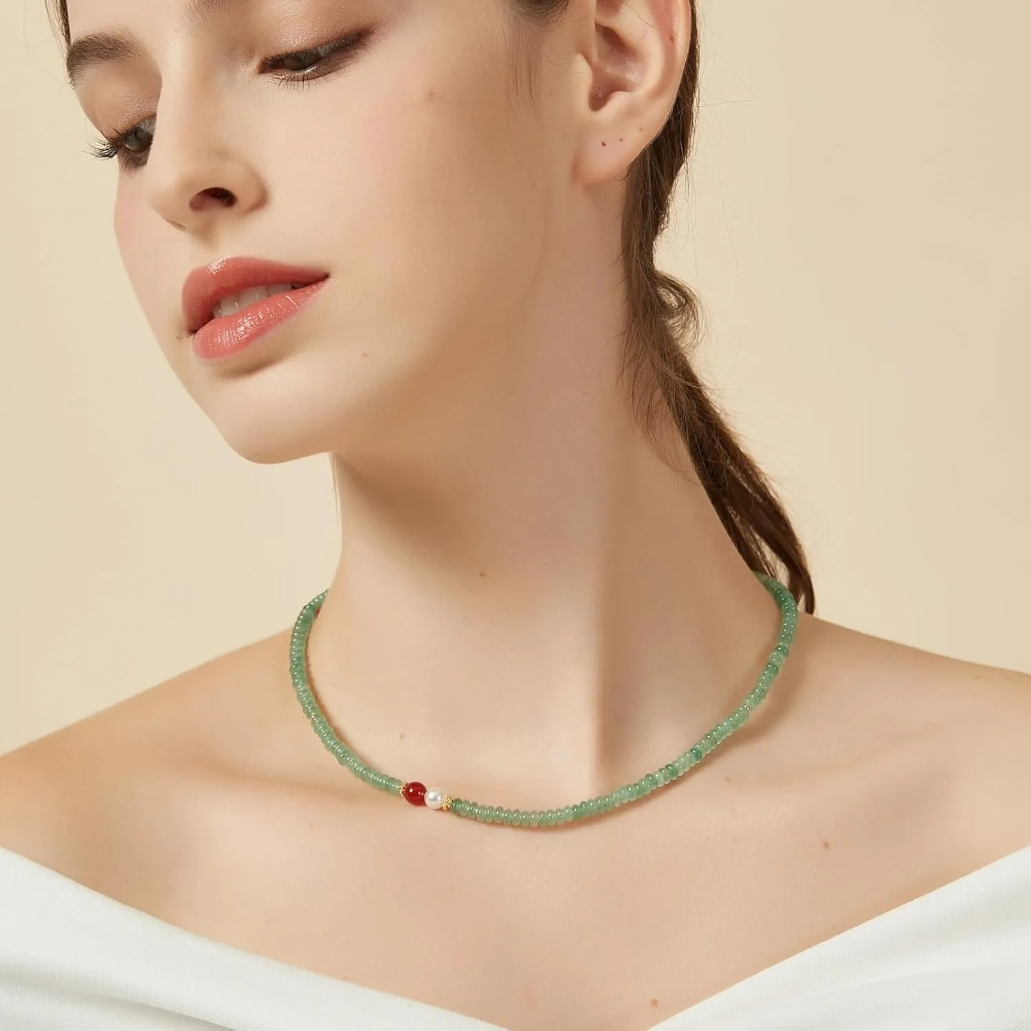 Natural Green Jade Necklace for Women Girl, Asymmetric Design Handmade Dainty Green Aventurine Jade Choker Beaded Necklace with Red Agate & Crystals Pearl (Adjustable Size 15.7 2'')