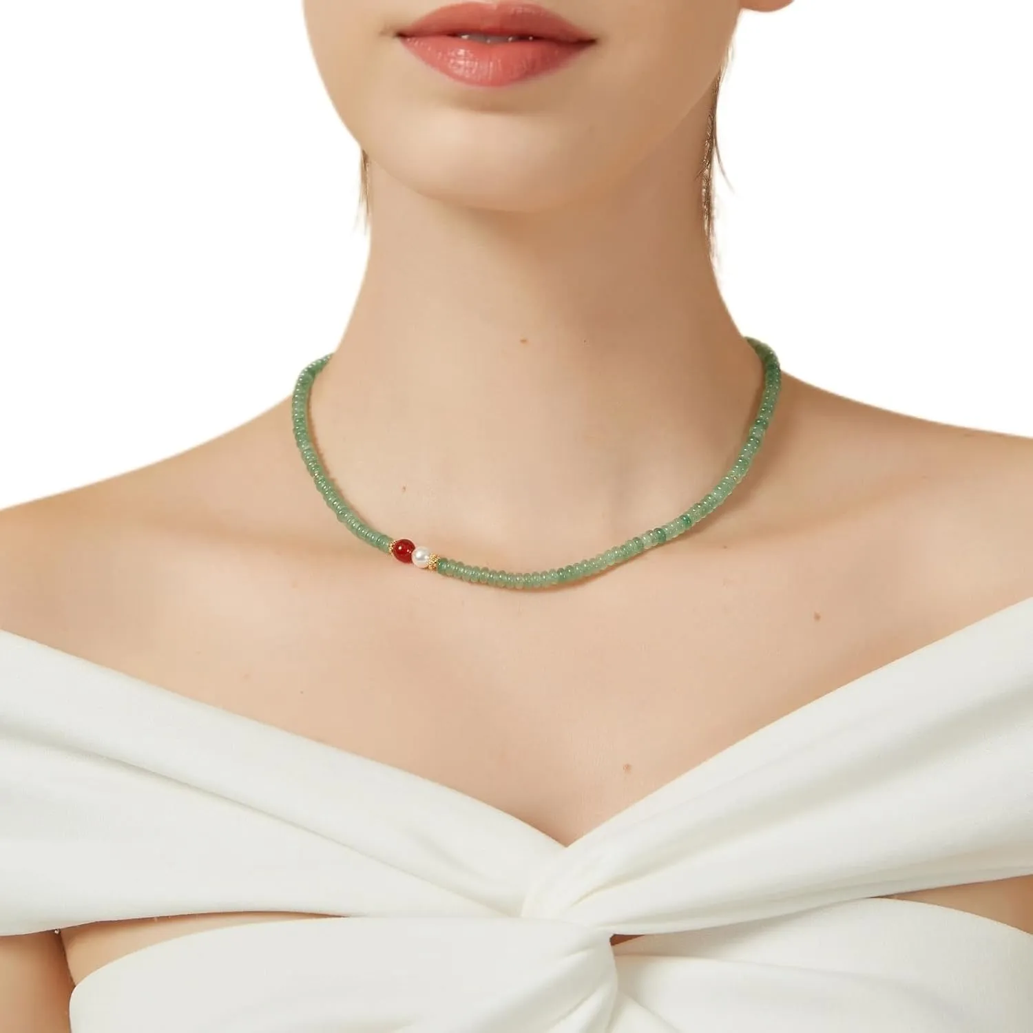 Natural Green Jade Necklace for Women Girl, Asymmetric Design Handmade Dainty Green Aventurine Jade Choker Beaded Necklace with Red Agate & Crystals Pearl (Adjustable Size 15.7 2'')