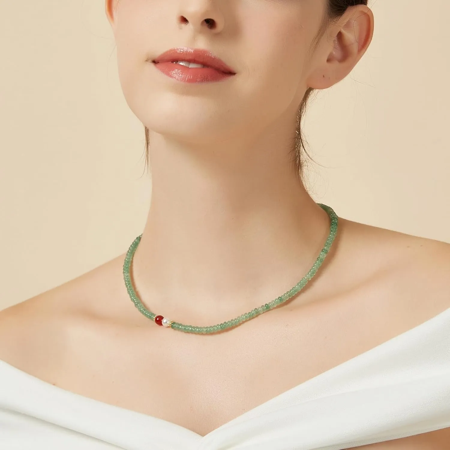 Natural Green Jade Necklace for Women Girl, Asymmetric Design Handmade Dainty Green Aventurine Jade Choker Beaded Necklace with Red Agate & Crystals Pearl (Adjustable Size 15.7 2'')