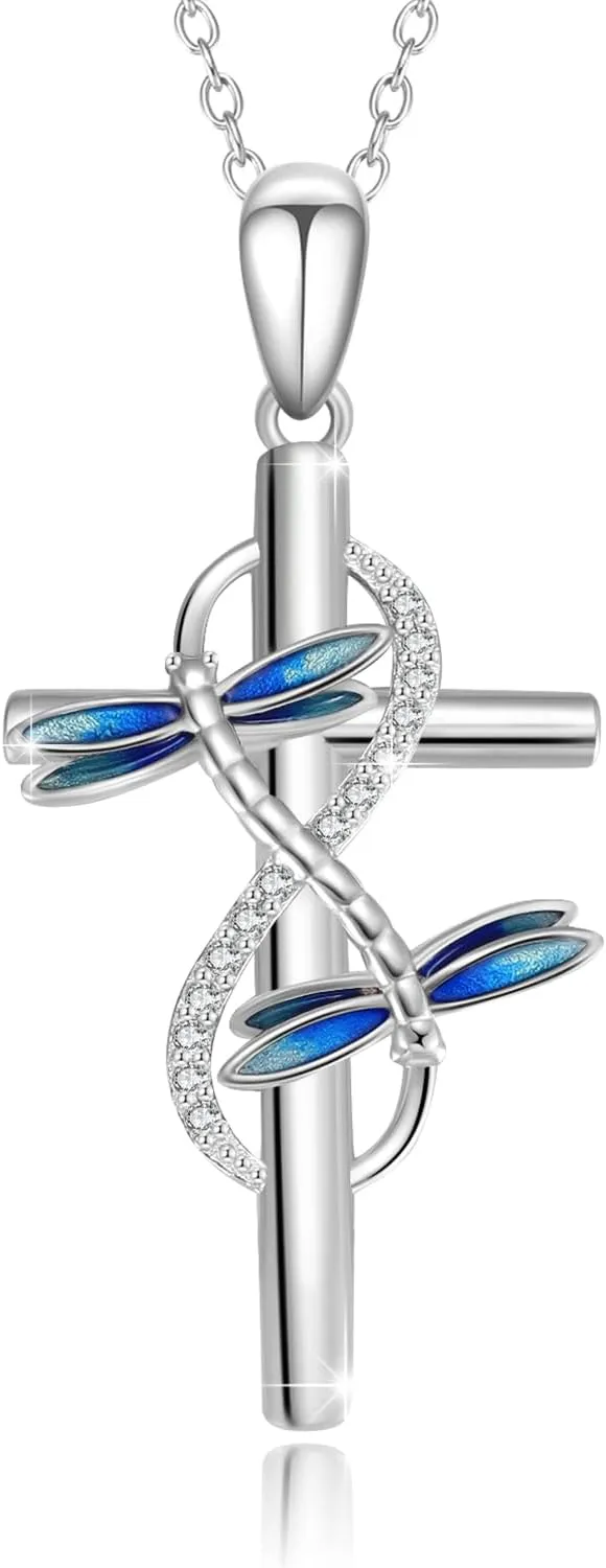 OHAYOO Dragonfly Cross Necklace for Women  925 Sterling Silver Infinity Faith Pendant with Sunflower, Butterfly & Ladybug  Nature Jewelry Mothers Day Gift