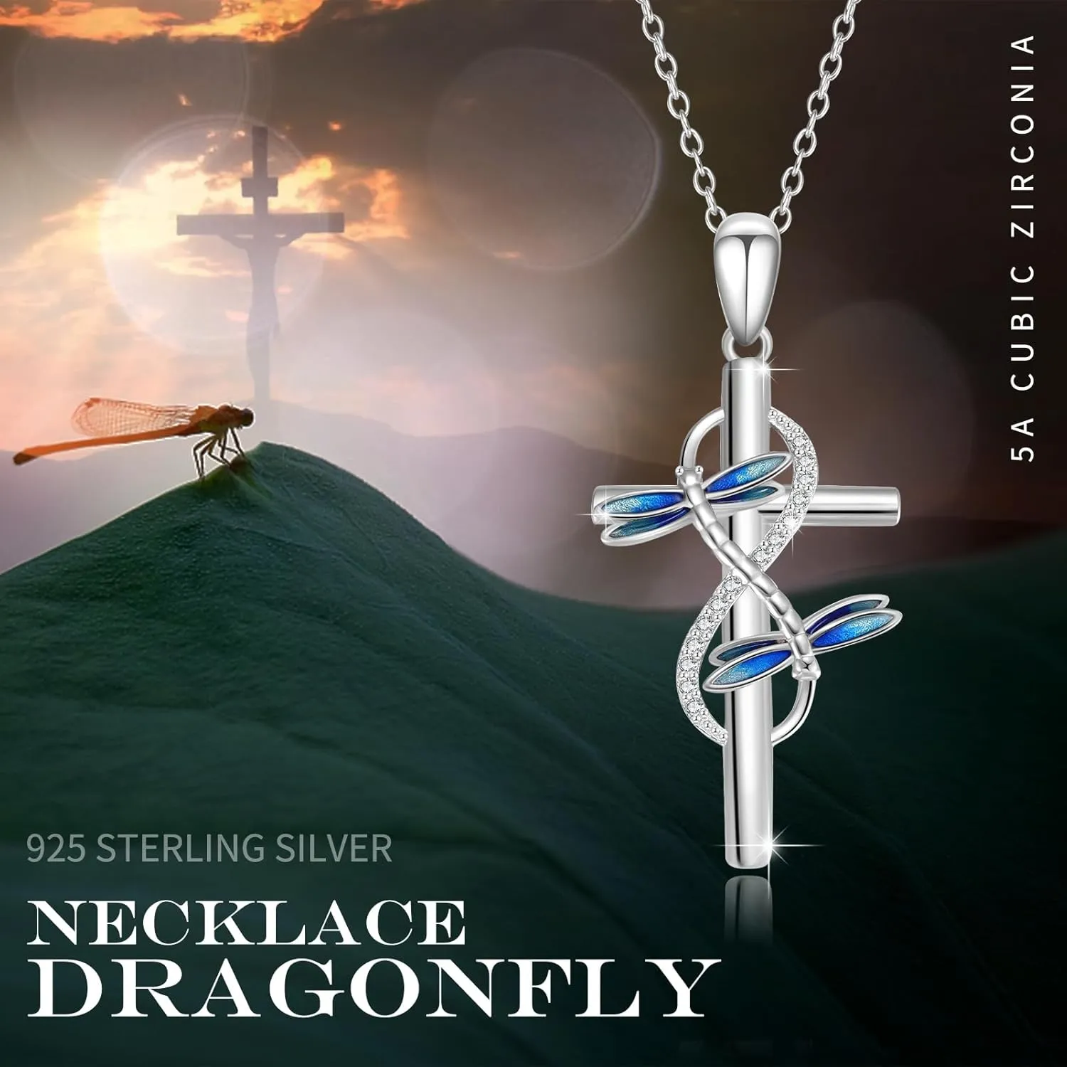 OHAYOO Dragonfly Cross Necklace for Women  925 Sterling Silver Infinity Faith Pendant with Sunflower, Butterfly & Ladybug  Nature Jewelry Mothers Day Gift