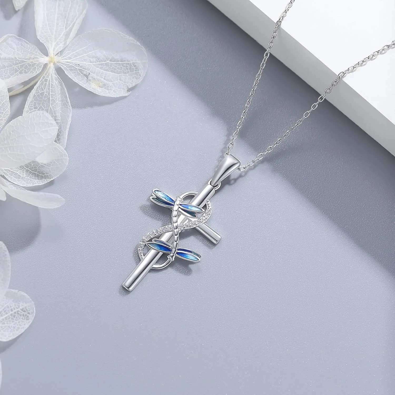 OHAYOO Dragonfly Cross Necklace for Women  925 Sterling Silver Infinity Faith Pendant with Sunflower, Butterfly & Ladybug  Nature Jewelry Mothers Day Gift